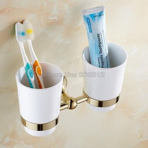 New Arrivals Gold Color Polished Brass Finish Wall Mounted Double Ceramic Cup Toothbrush Holder Set Wba880