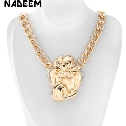 NADEEM Newest Mens Hip Hop Gold Color Pendant Necklace Jewelry Vintage Punk Design Big Roaring Lion Head Pendant Chain Necklace