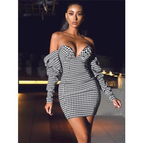 Houndstooth Dress Women Off Shoulder Long Sleeve Sheath Mini Vestidos New Fashion Casual Party Club Ladies Dresses Strapless