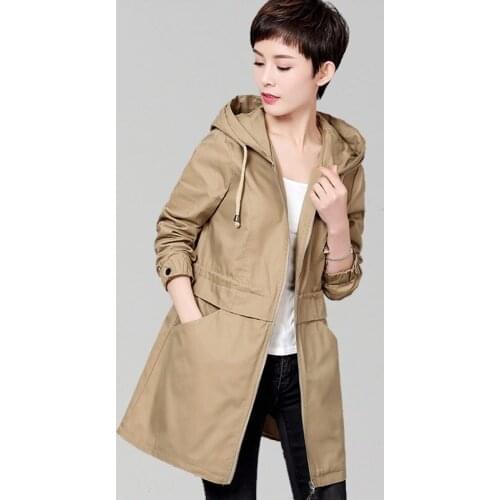 2020 Spring Autumn Middle aged women Cotton Trench Coat Plus size 6XL Slim Hooded Long Overcoat Khaki Casual Female Windbreaker