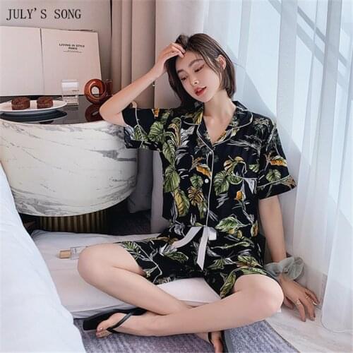 JULYS SONG Viscose Women Pajamas Casual Short Sleeve Sleepwear Plant Printed With Pockets Summer Pyjama Cute Female Homewear