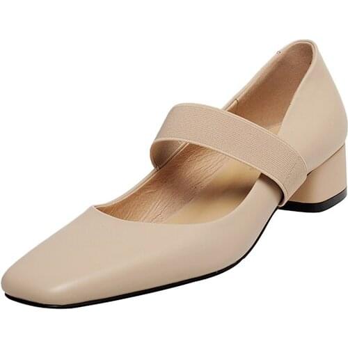 Osunlina Brand Pumps Woman Elegant Genuine Leather Square Toe 3.5cm High Heels Handmade Mary Janes Shoes Office Lady 2021 New