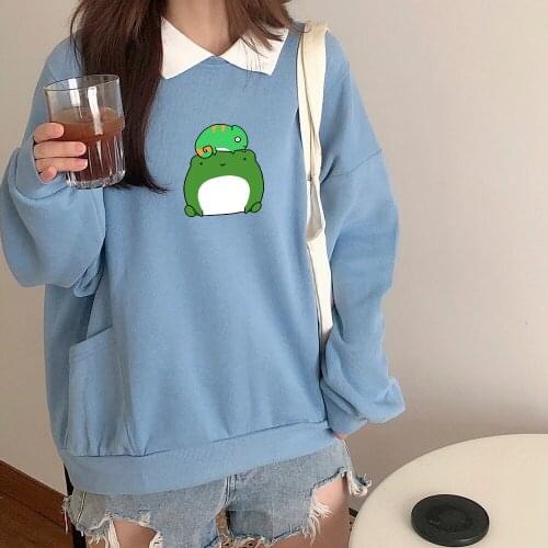 Aesthetic Cute Frog Sweatshirts for Women Cotton Harajuku Hoodies for Girls Casual Loose Sweatsuit with Pocket All-match Clothes