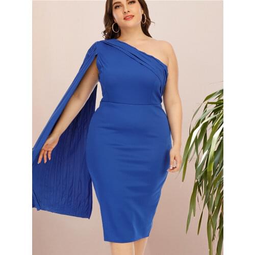 Plus Size 4XL 5XL Blue Elegant Party Dresses for Women Celebrity Sexy One Shoulder Ruched Ribbon Bodycon Dinner Date Out Night