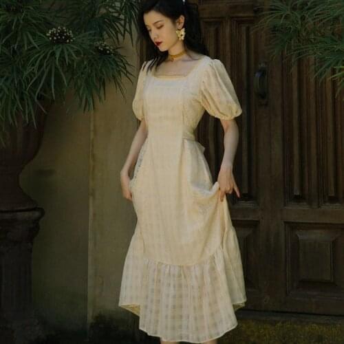 Women Summer Short Puff Sleeve Long Maxi Dress Vintage Square Collar Female Lace Dress Casual Street Lady Retro Vestido