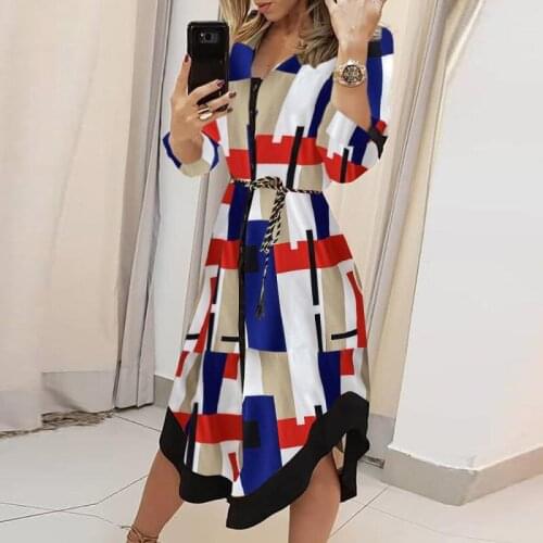 Fashion Casual Turn-Down Collar Long Dress Spring Summer Long Sleeve Women Party Dress Vintage Striped Print Tie-Up Shirt Dress