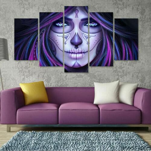 5Pcs Face Purple Sugar Skull Day Dead Poster Canvas Picture Print Wall Art Canvas Painting Wall Decor for Living Room No Framed