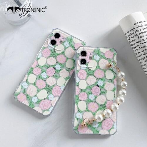 Flowers Pearl Chain Phone Case for iPhone 12 11 Pro Max XR Xs MAX Soft Summer Floral Wrist Case for iPhone 6s 7 8 Plus Cover Hot