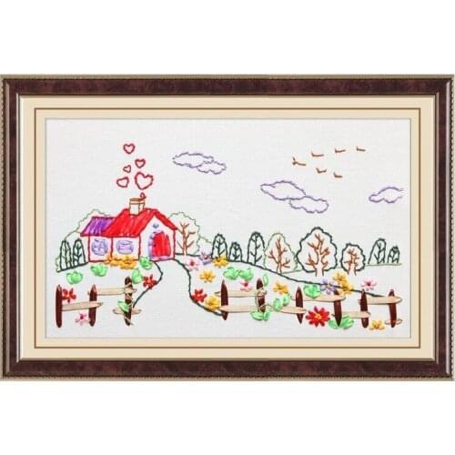 Village house garden Ribbon embroidery kit stain silk painting set handcraft kit DIY handmade needlework art home decor plus