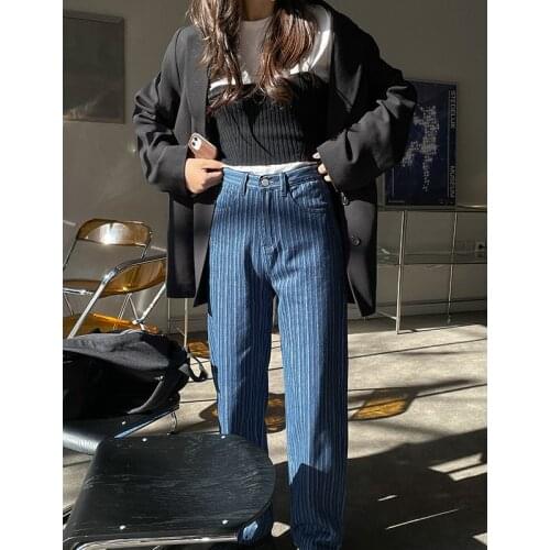 2021 Spring New High Waist Jeans Niche Striped All-Matching Slimming Baggy Straight Trousers
