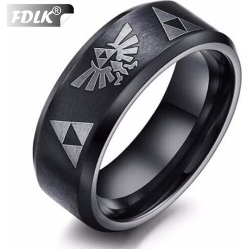 FDLK Fashion Unisex Ring Punk Style Black Stainless Steel Geometric Pattern Engraved Ring Jewelry Size 6-13