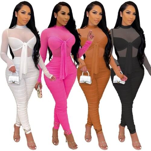 Echoine Sheer Mesh See Through Lace Up Bra Crop Top Pleated Pants Jumpsuit Sexy Stretch Sexy Overalls Party Club Outfits
