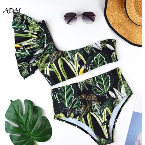 2021 Swimsuit Women Wear Sexy Green High Waist Bikini Print Swimwear One-Shoulder Backless Drawstring 2 Piece Bikini Monokini
