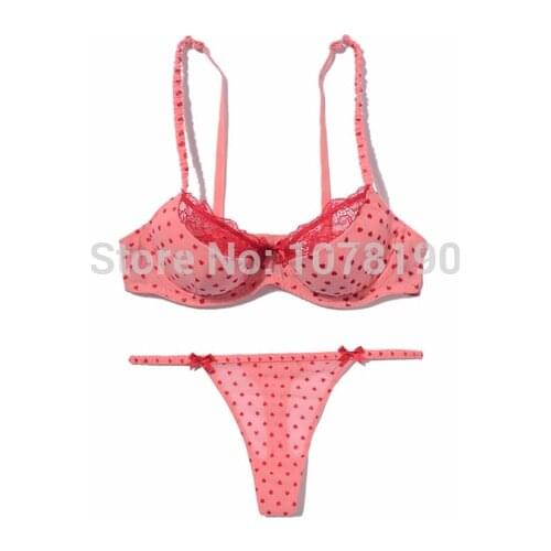 Lovely pink underwear lace thin thick cup bra & brief sets thong women gather cup bra sets