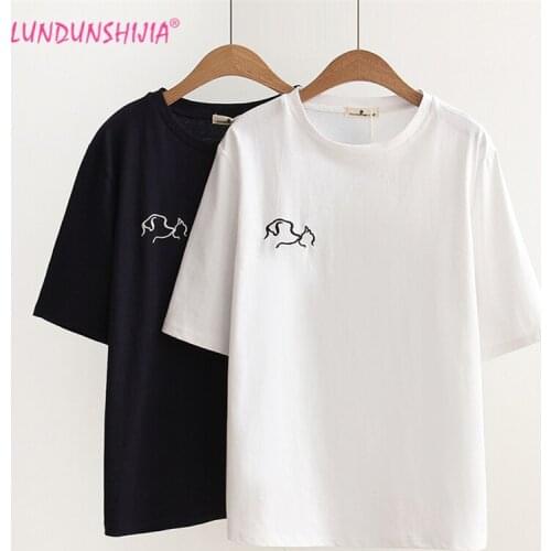 LUNDUNSHIJIA Cartoon Interesting Dogs Embroidery Female T-shirts 2017 Summer Loose Tee Shirt Femme Harajuku Cotton Women Tops