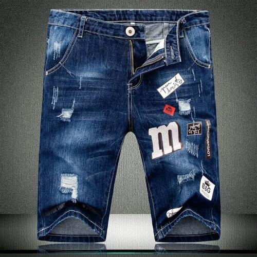 High Quality 2020 Short Summer Denim Shorts Men Cotton Solid Straight Male Hole Frayed knee length Jeans 523