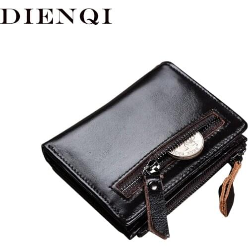 DIENQI Real Cow Genuine Leather Men Wallets Money Bags Vintage Small Zipper Trifold Wallet Male Purses With Coin Pocket Vallet