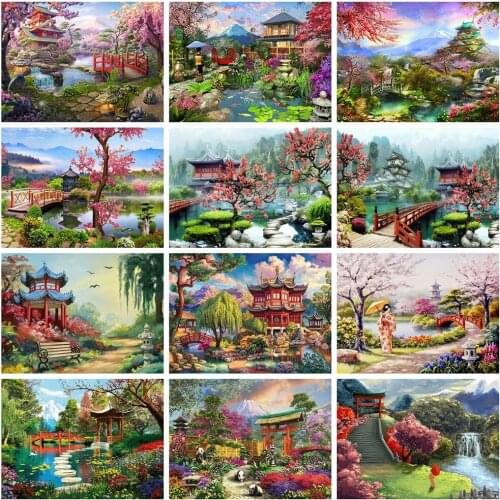 5D Diy Diamond Painting Cross Stitch Kits Spring Landscape Beads Embroidery Sakura Geisha House Full Square Mosaic Art Picture