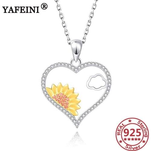 YAFEINI 925 Sterling Silver Heart&Sunflower Pendant Necklaces Silver 925 Jewelry Silver Chain Mothers Day Gift Graduation Gifts