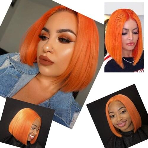 Orange Bob wig lace front human hair wigs Short Straight lace Frontal Wigs For Black Women colored Remy bob wig Pre Plucked