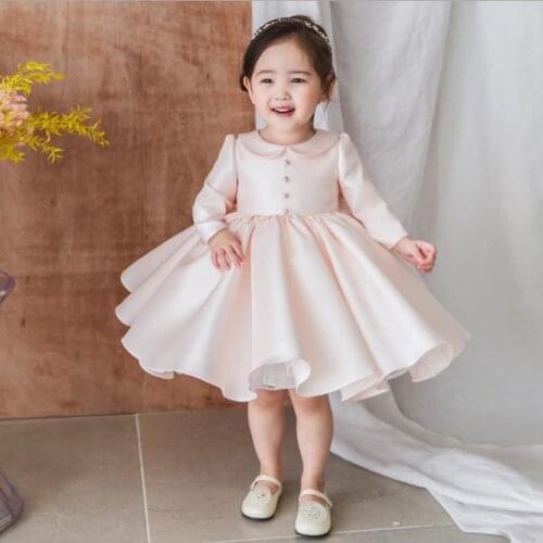 Pink Satin Christmas Infant Baby Girl Dress Long Sleeve Baptism Girl Dresses For Party 1st Birthday Frock