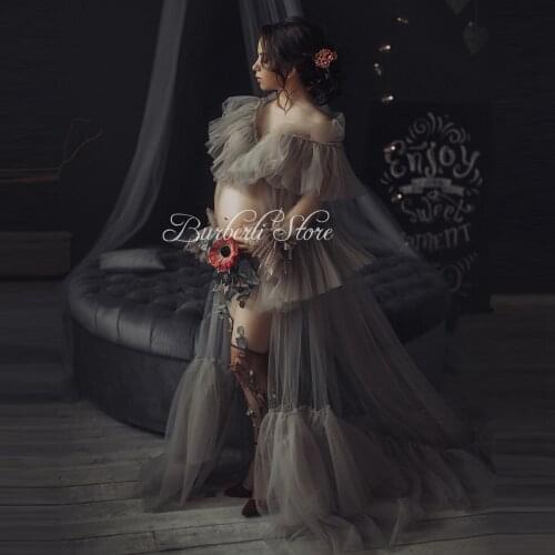 Sexy See Thru Gray Tulle Pregnacy Dress Open Front Pretty Ruffles Tiered Mesh Maternity Women Gowns To Photo Shoot Plus Size