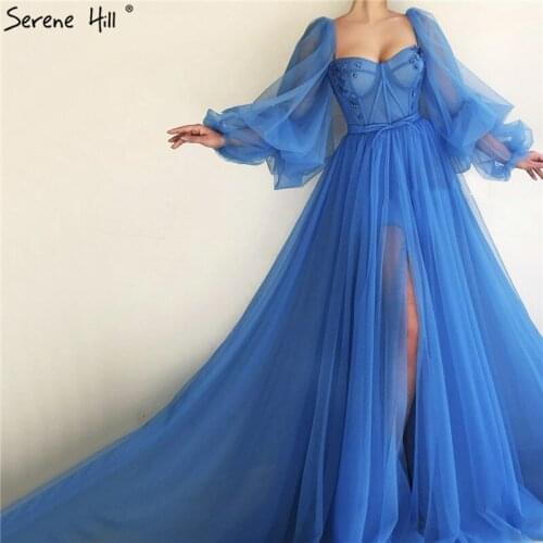 Blue Lantern Long Sleeves Sexy Evening Dresses 2020 A-Line Beading Sequins Formal Dress Serene Hill - DLA70407