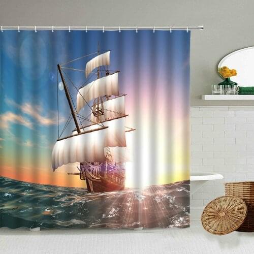 Ocean Sun Natural Landscape Shower Curtain Nautical Anchor Boat Canoe Bathroom Wall Decoration With Hook Waterproof Screen Set