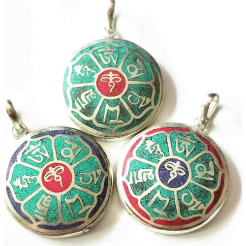 Tibetan Jewelry Pendants Mantra Amulets Copper Inlaid Stone Buddha Eye Round Pendant OM MANI PADME HUM TBP707