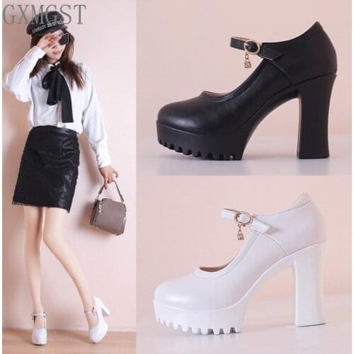 Block Heels 10cm Platform Pumps Women Wedding Shoes 2021 Spring Buckle High Heel Shoes Ladies Party Office Shoe White 41