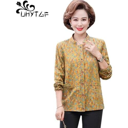 UHYTGF Elegant Mother Autumn Coat Women Fashion Printing Single-Breasted Casual Female Thin Jacket Short 5XL Plus Size Tops 1680