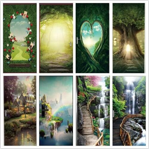 Green Forest Tree 3D Wallpaper Door Sticker Self-adhesive Vinyl Decal Waterfall Creek Landscape Mural Home Decor poster de porte