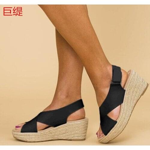 Women sandals PU Buckle Strap 7CM Wedges High heels Round Toe Shallow women shoes sandalias mujer 2020 size 35-42 black white