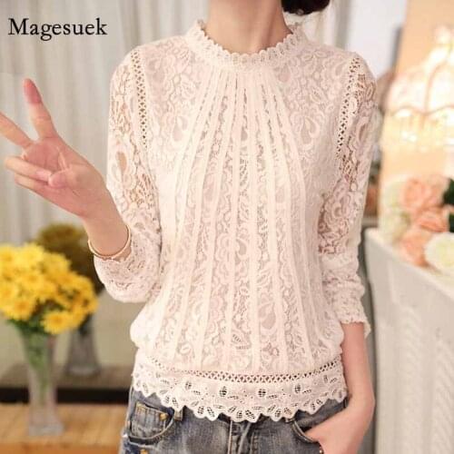 Pullover White Lace Blouse O-neck Hollow Lace 2021 Fashion Women Shirt Long Sleeve Chiffon Blouses Women Clothing Blusas 51C 30