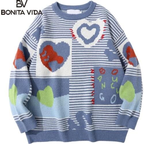 Bonita Vida Patchwork Striped Loose Sweaters Autumn Round Neck Korean Style Hip Hop Long Sleeve Pullover Knitted Sweater