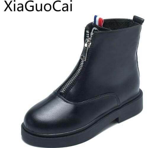 Winter Womens Martin Boots Genuine Leather Plus Velvet Women Flat Boots Bottom Wild Round Toe Zip Ankle Boots for Girls