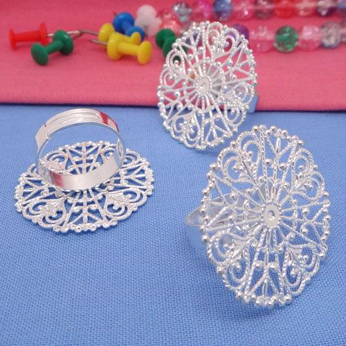 10X Wholesale 30mm Silver Plated Round Filigree Flat Pad for Cameo Stickers Adjustable Ring Blank Accessories for DIY Jewelry