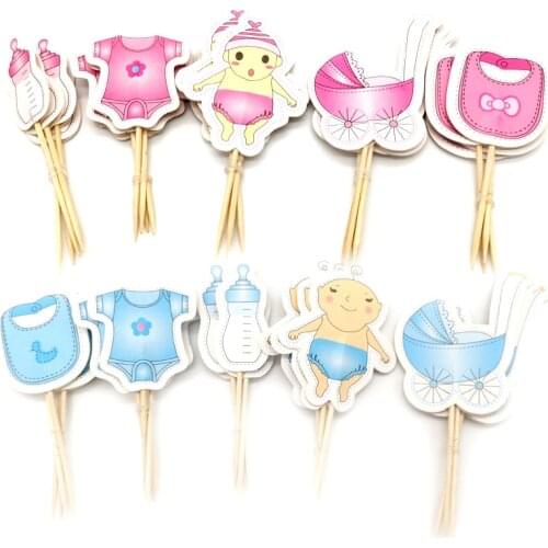 24pcs/lot Baby Shower Decorate Birthday Party Kids Favors Baby Clothes Carriage Bottle Boy Girl Cupcake Cake Toppers With Sticks