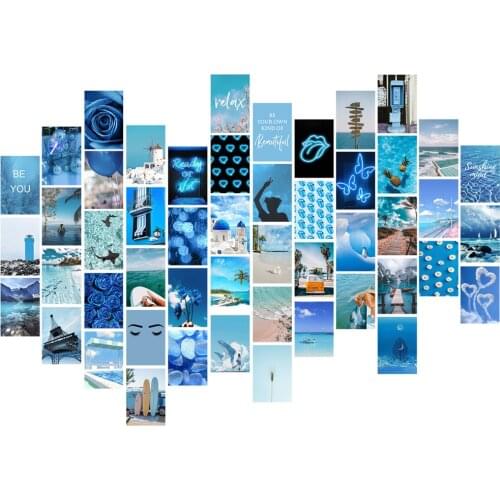 50pcs Blue Neon Wall Collage Kit Aesthetic Photo Bohemian Style Abstract Line Cute Penguin Seaside Picture Home Decor Poster