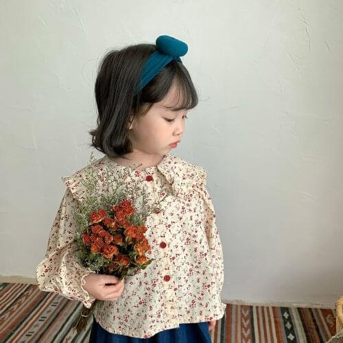 8977 Children Clothes Girl Floral Shirt Korean Autumn New 2021 Broken Flower Turn Down Collar Baby Girl Blouse Sweet Girl Tops