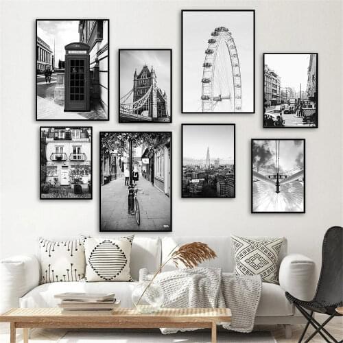 Black And White Street Landscape Wall Art Poster Bridge Bike Ferris Wheel Canvas Painting Nordic Print Wall Pictures Home Decor