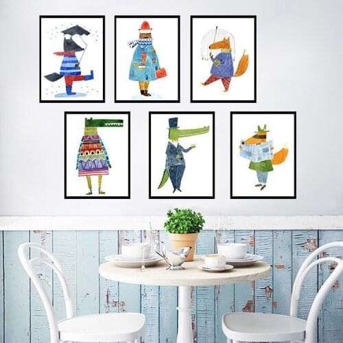European Cartoon Animal Crocodile Fox Big Gray Wolf Childrens Room Kids Bedroom Kindergarten Painting Art Creative Canvas Art