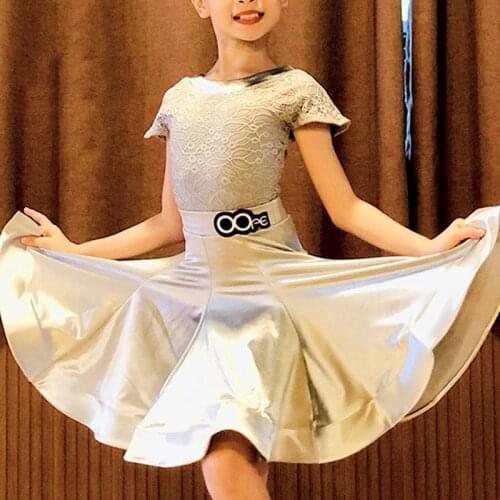 Lace Latin Dance Dress Competititon Suit Girls Practice Dancewear Short Sleeved Big Skirt Hem Ballroom Dance Stage Costume 4760
