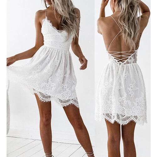 Sexy Beach White Lace Dress Summer Backless Strappy Short Dress Lady Femme Elegant White Evening Dress Sundress