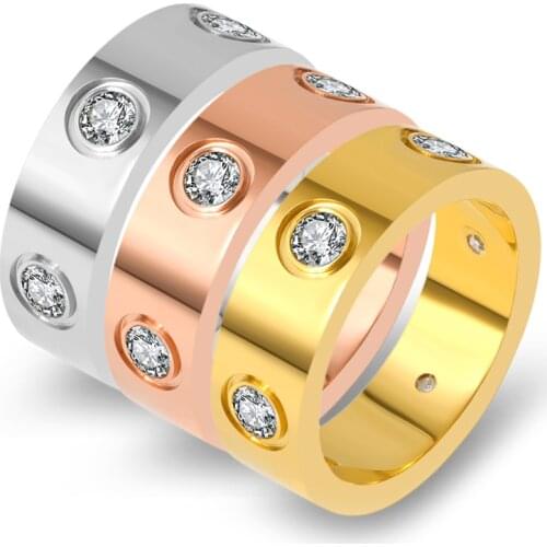 Trendy Stainless Steel Gold Color Love Ring for Women Men Couple CZ Crystal Rings Luxury Brand Jewelry Wedding Gift