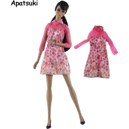 Pink Floral Fashion Dress For Barbie Doll Clothes Outfits Short Dresses For Barbie Dollhouse 1/6 Doll Clothes Dolls Accessories