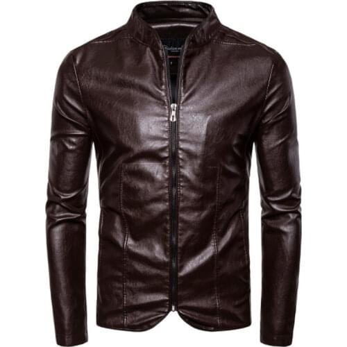 Mens bright skin jacket simple zipper wine red leather Coat small stand collar men business leisure locomotive jacket handsome