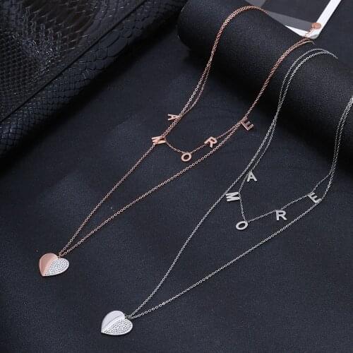 Stainless Steel Heart Pendant Necklace Bohemia AMORE Letter Chokers Layered Chain Trend Rinhestone Jewelry Accessories for Women
