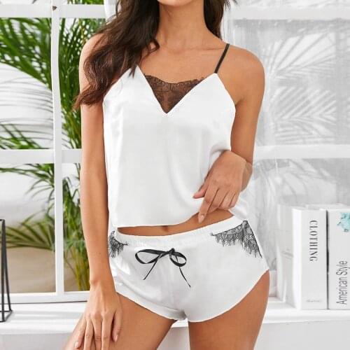 Sexy Lingerie Women Pajamas Pants Set White Summer Backless V Neck Sleeveless Lace Sling Sleepwear Pajamas for Women Drop Ship