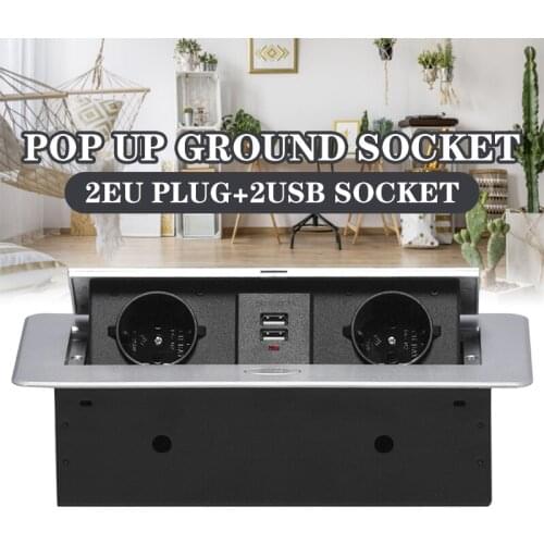 Zinc Alloy Plate 16A Slow Pop-up Ground Socket 2 Power EU Socket Dual USB Office Table Desktop Outlet Black Module Steel Box